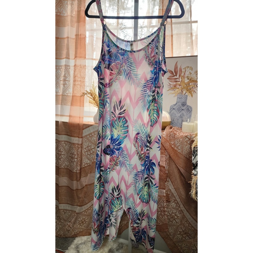 Shoreline L/XL Sleeveless Tropical Print Jumpsuit Pink Blue Green Multicolor
